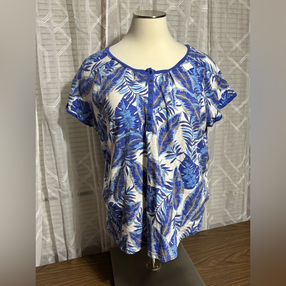 Woman Within 2X Blue Tropical Leaf Print Women's Top 30” L 26” p2p